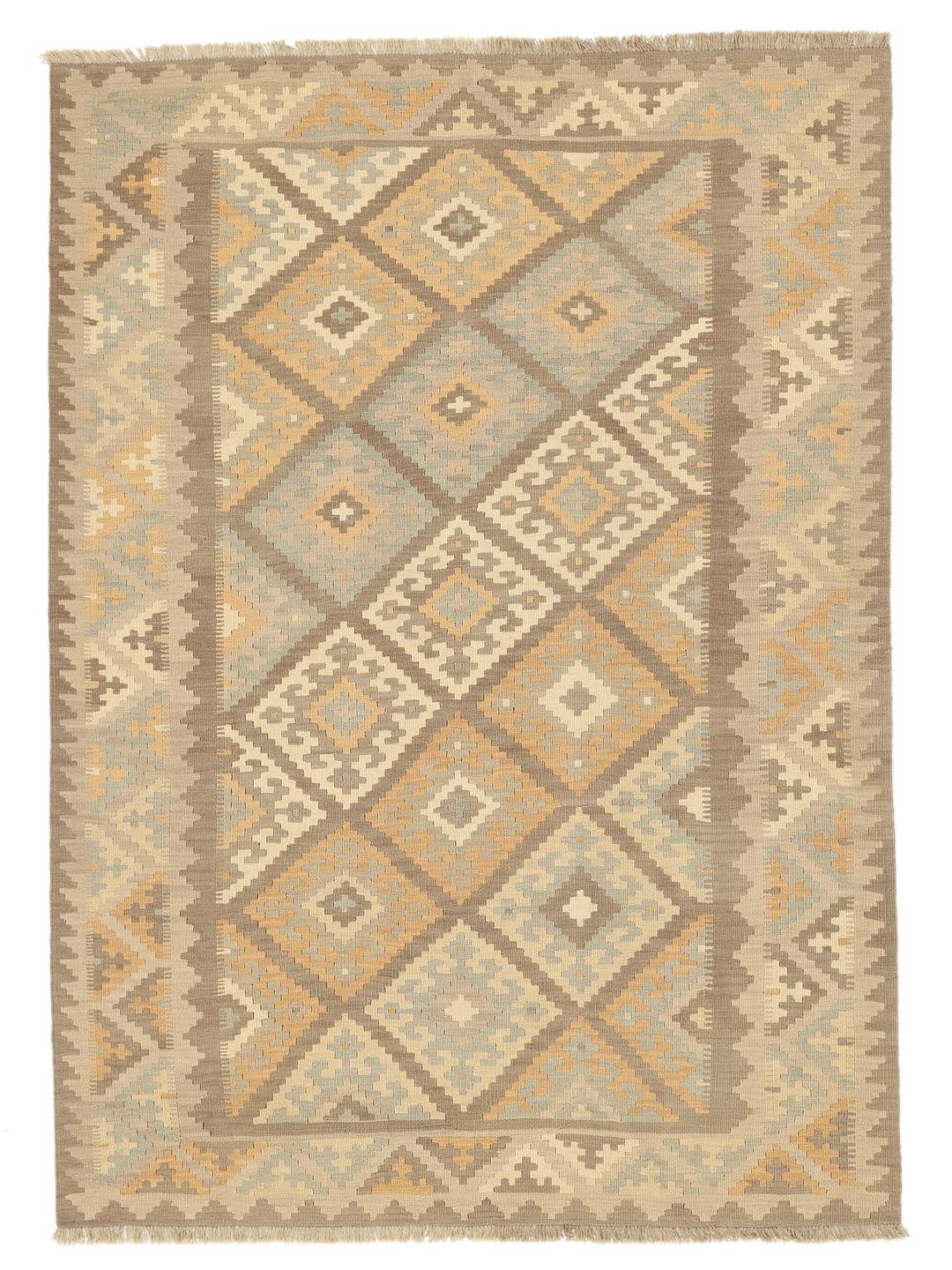 Håndvævet Ghashghai-kelimtæppe med geometriske mønstre i beige og bløde blå toner