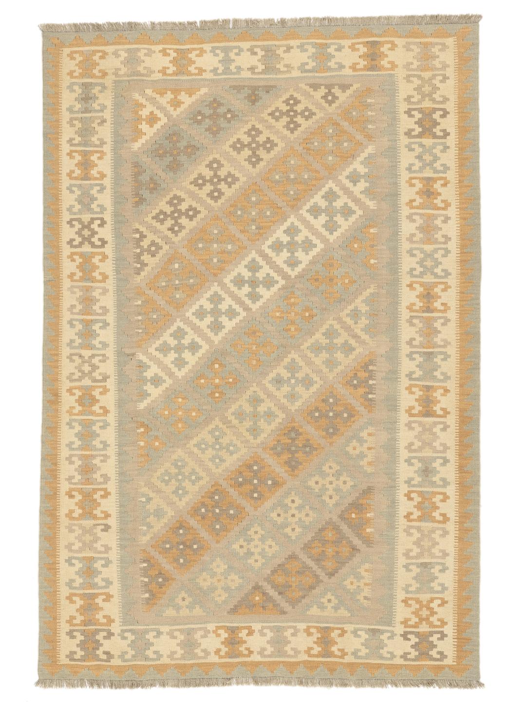 Tappeto Kilim Ghashghai tessuto a mano proveniente dal Medio Oriente in tonalità beige e marrone