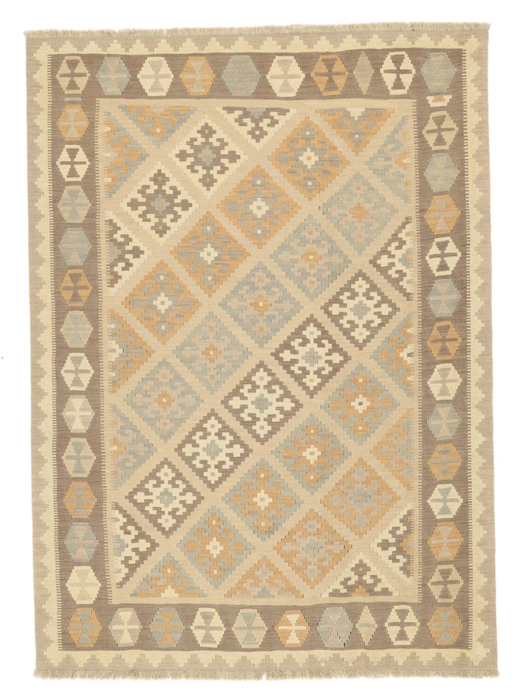 Tapis kilim Ghashghai tissé à la main avec des motifs géométriques beiges et marron provenant du Moyen-Orient