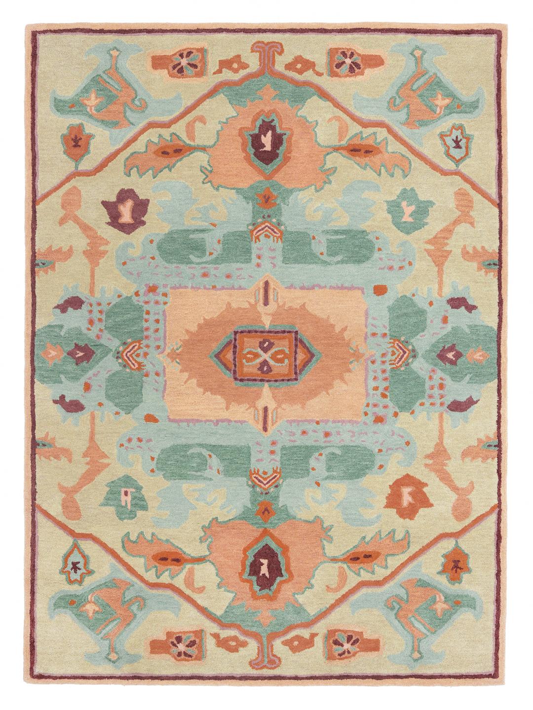 Beige tapijt met een kleurrijk traditioneel patroon en een dikke pool