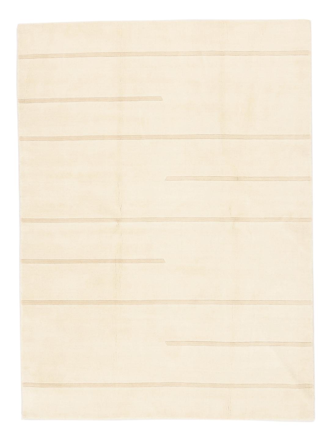 A minimalist beige hand-loomed rug from India featuring clean horizontal lines.