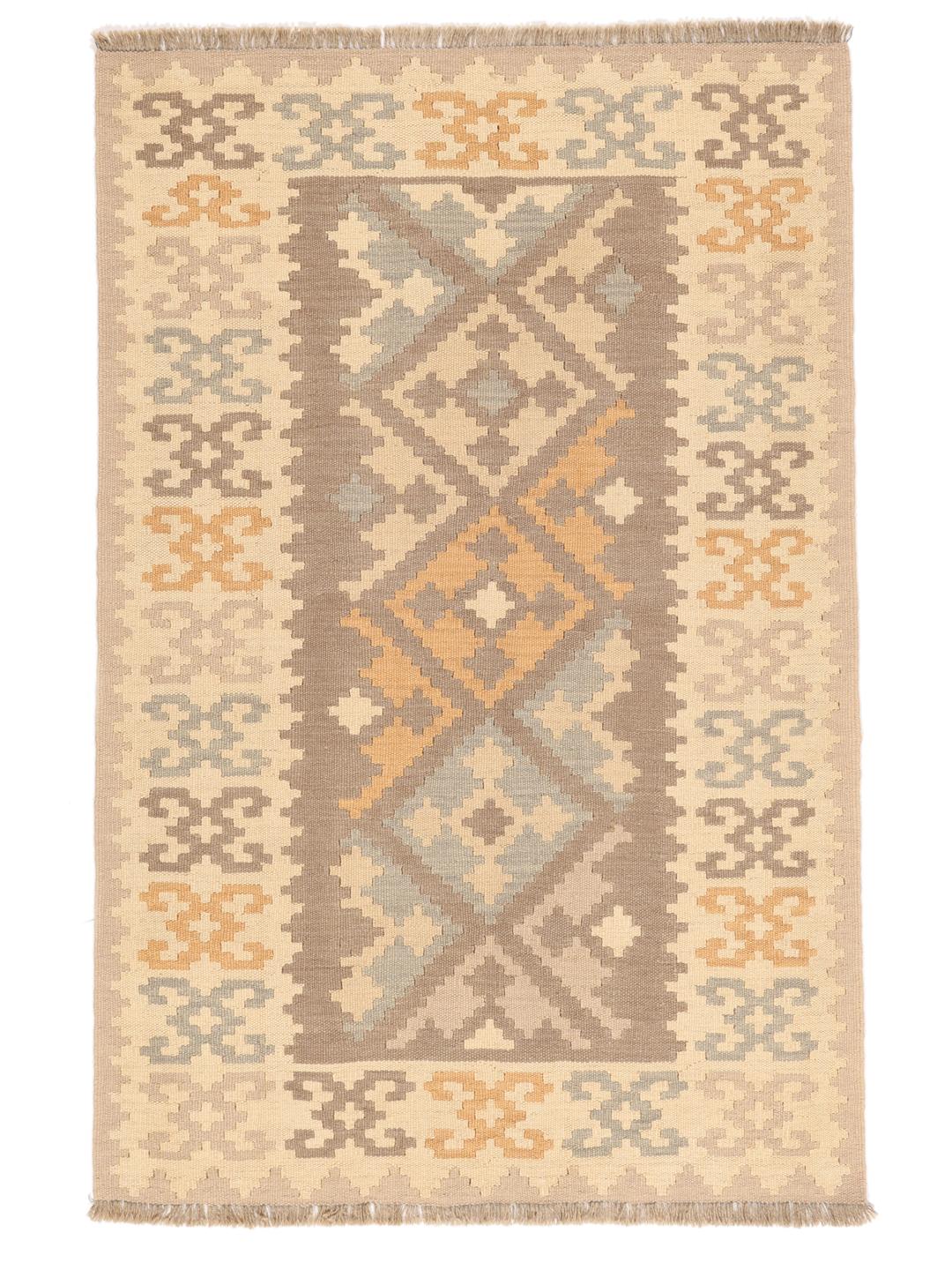 Tappeto kelim Ghashghai beige tessuto a mano con motivi geometrici dal Medio Oriente