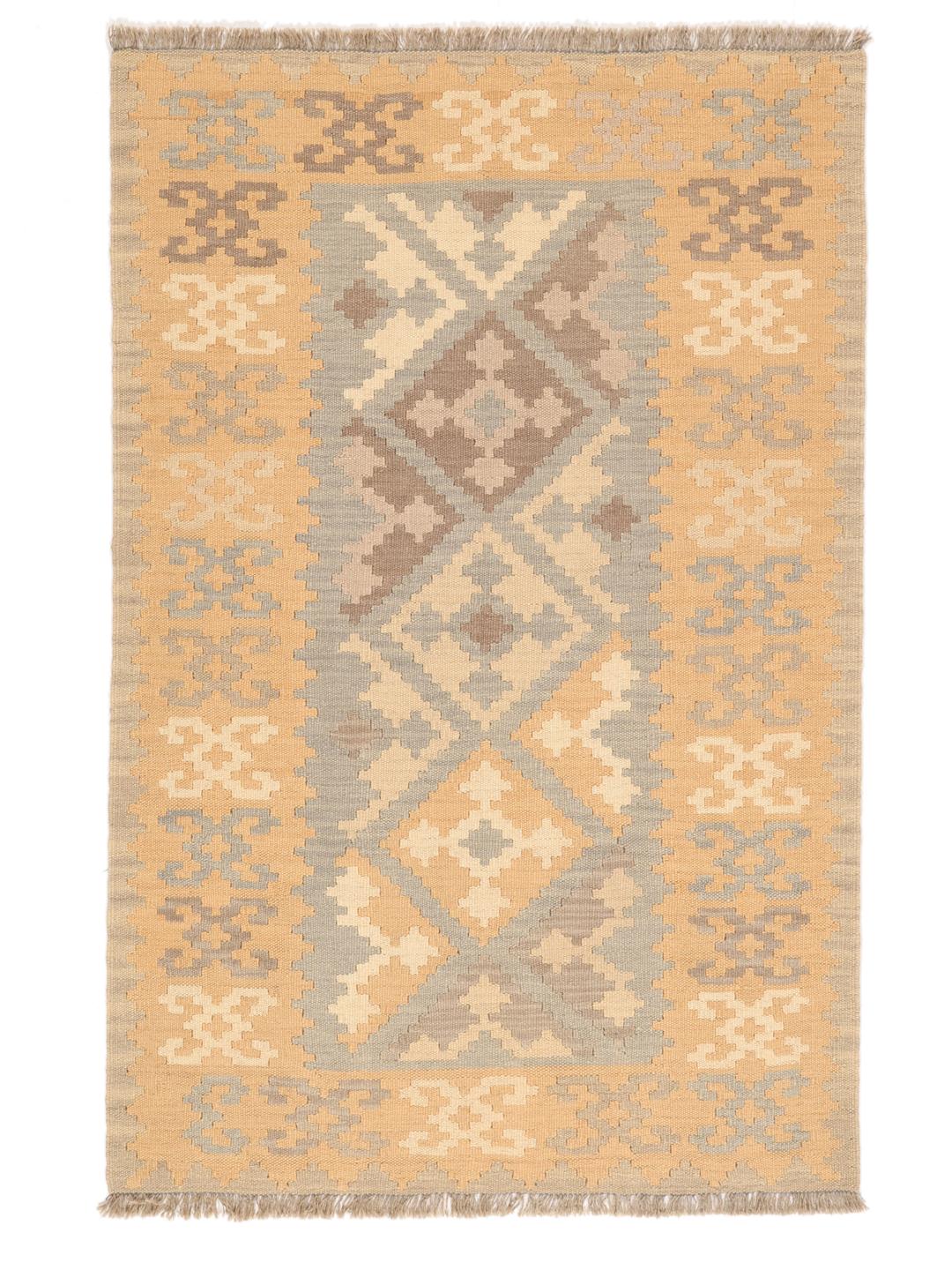 Hand-woven Ghashghai Kelim rug in beige and brown tones from the Middle East