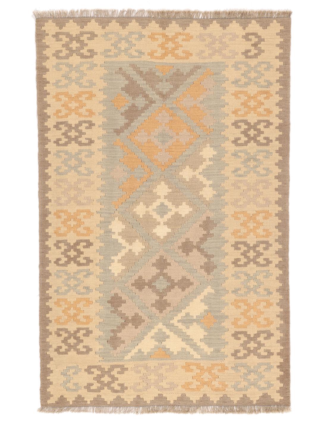 Tappeto Kilim Ghashghai tessuto a mano con motivi geometrici in beige e tonalità tenui
