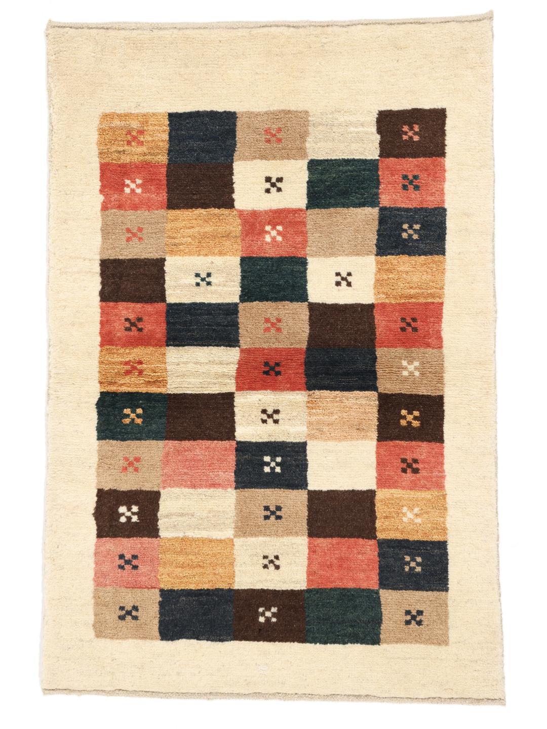 Hand-knotted Gabbeh Fine rug from the Middle East featuring a multicolor checkered pattern