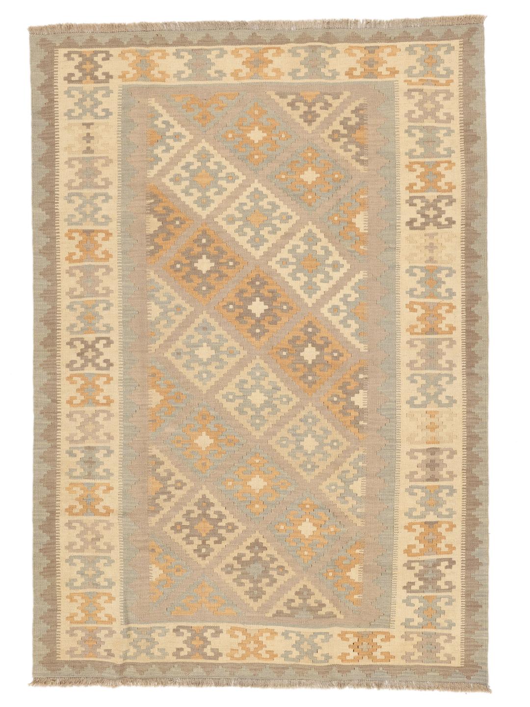 Tappeto Kelim Ghashghai tessuto a mano proveniente dal Medio Oriente in beige e tonalità terrose tenui