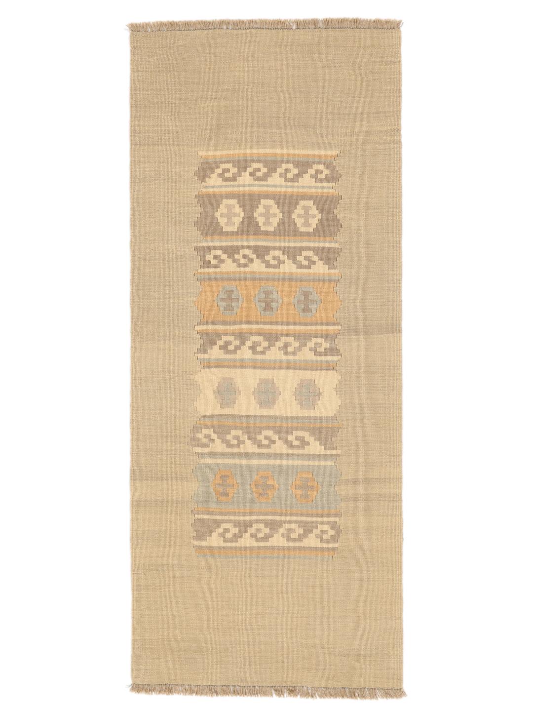 Runner mediorientale beige tessuto a mano con motivi geometrici tribali