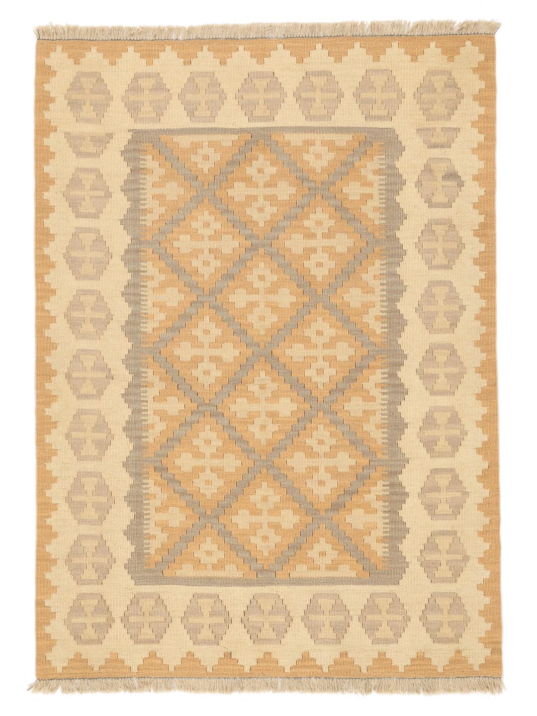 Tappeto Kilim Ghashghai tessuto a mano nei colori beige e marrone dal Medio Oriente