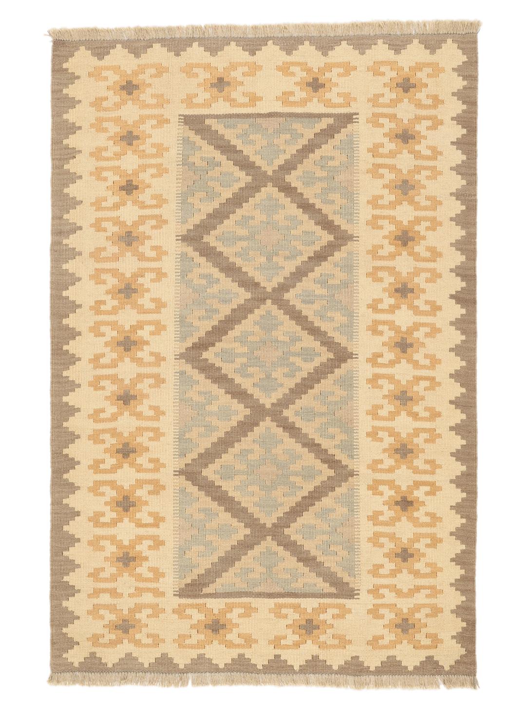 Tappeto kelim Ghashghai tessuto a mano con motivi geometrici a rombi in toni di beige, marrone e blu.