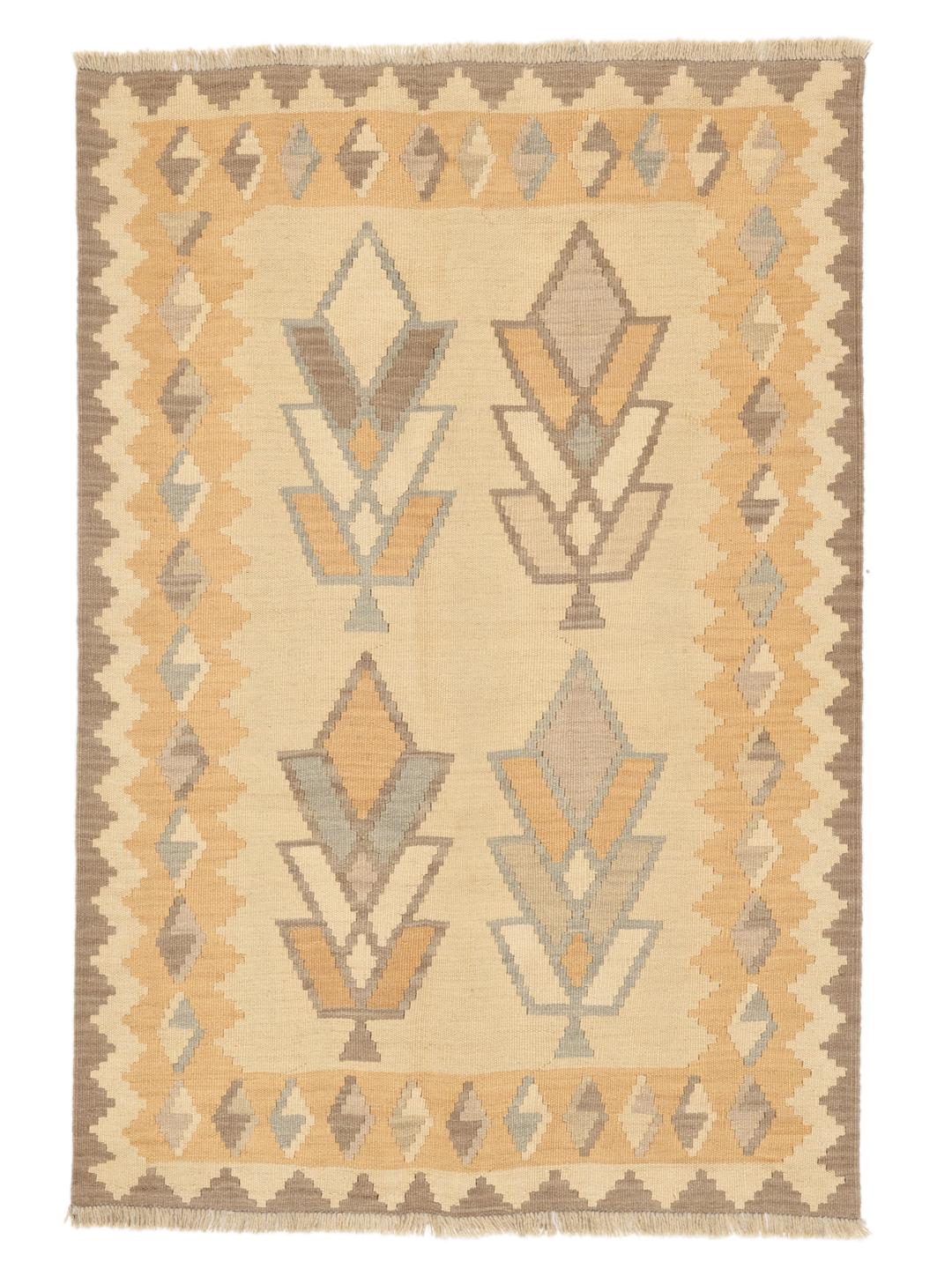 Håndvævet Kelim-tæppe fra Mellemøsten i beige og brune toner med geometriske motiver