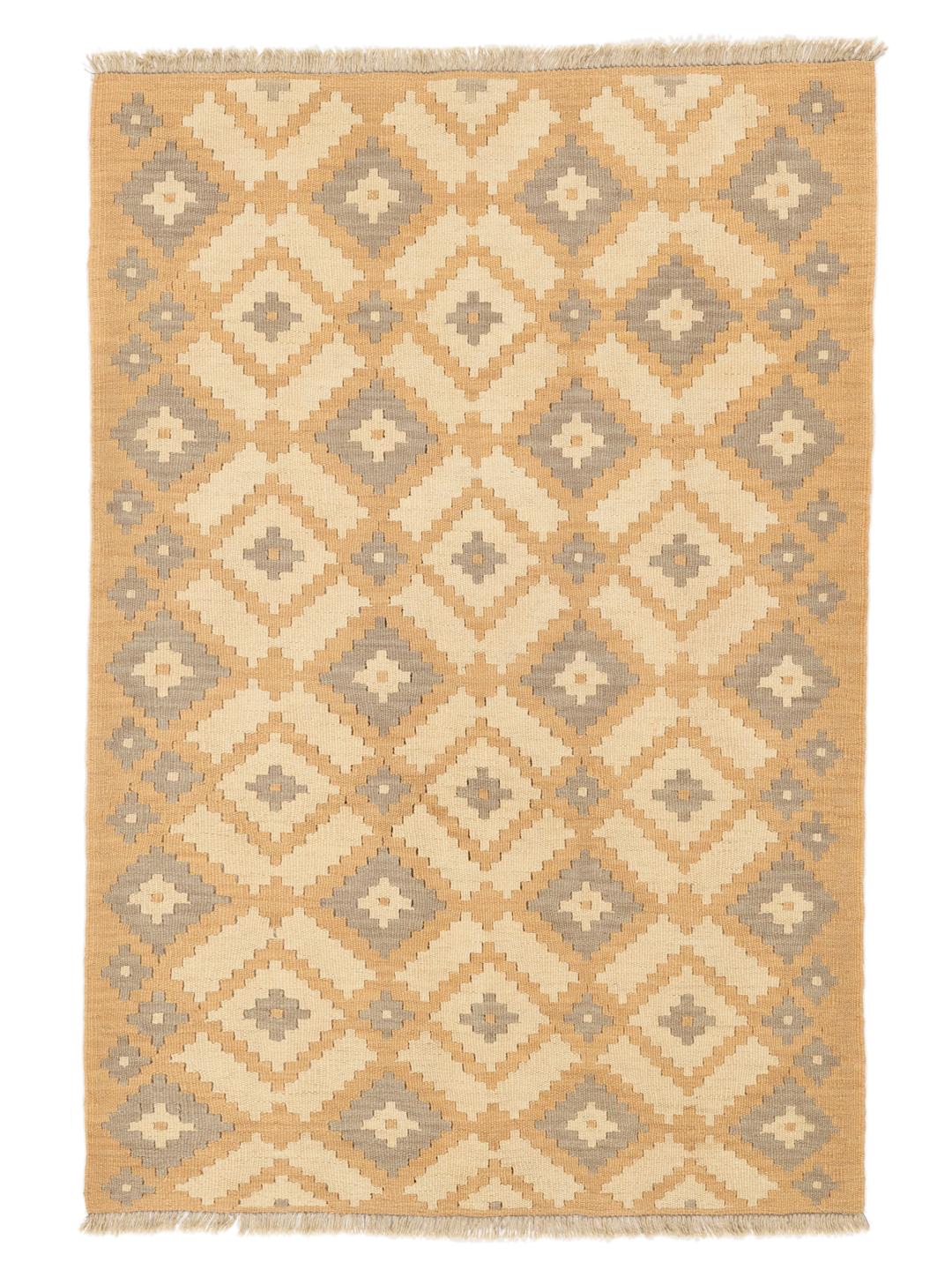 Tappeto Kilim Ghashghai tessuto a mano con motivi geometrici a rombi in beige e grigio
