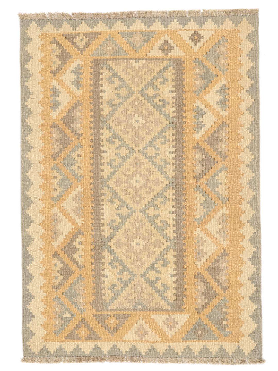 Tappeto Kilim Ghashghai tessuto a mano con motivi geometrici in beige e grigio