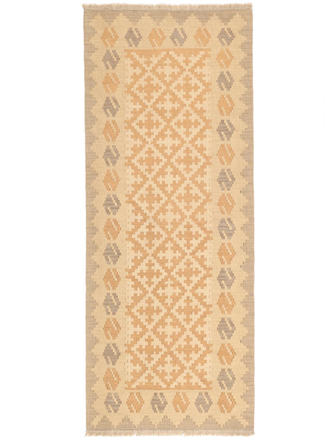 Passatoia Kilim tessuta a mano con motivi geometrici in toni beige e grigi proveniente dal Medio Oriente