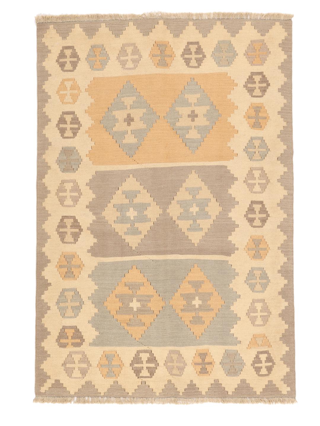 Hand-woven Ghashghai Kelim rug with geometric patterns in beige and grey