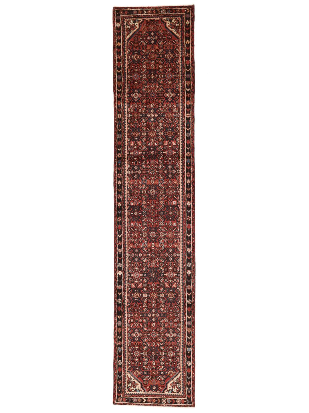 Handgeknoopte Hosseinabad loper in donkerrood met traditionele geometrische motieven
