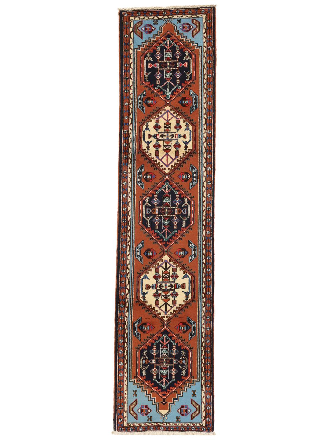 Tapis couloir Ardebil avec médaillons géométriques en laine multicolore provenant du Moyen-Orient