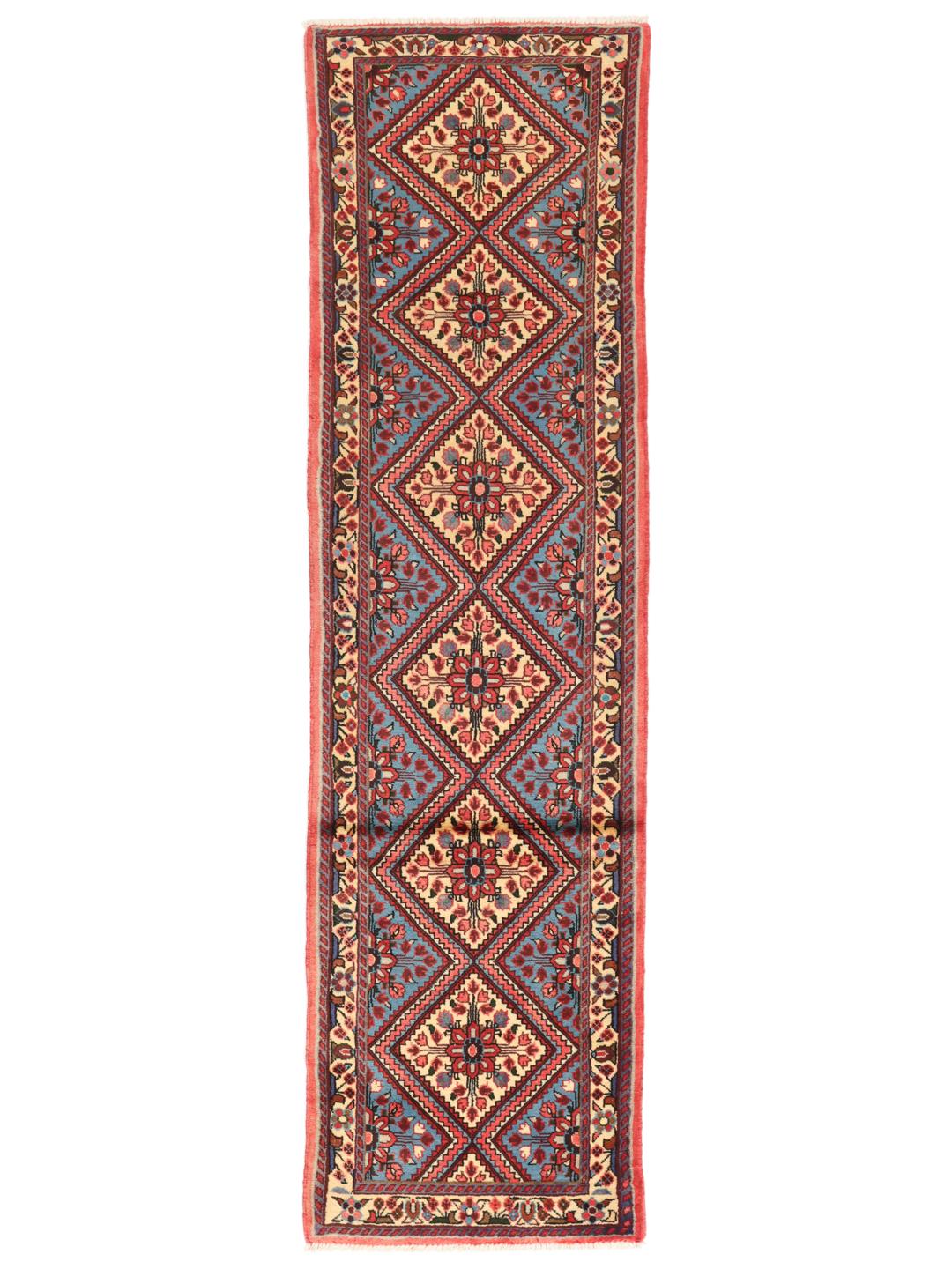 Handgeknoopte Rudbar-loper met een blauw en rood ruitpatroon