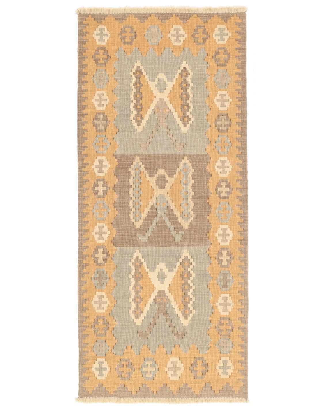 Runner Ghashghai tessuto a mano con motivi geometrici tribali in toni beige e marroni