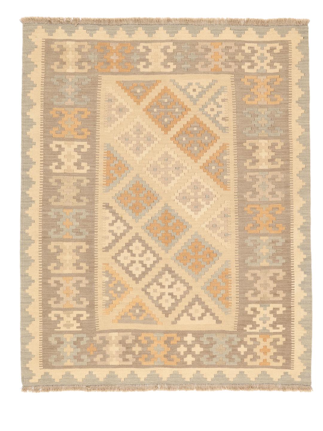 Tappeto Kelim Ghashghai tessuto a mano nei toni del beige e dell'azzurro chiaro