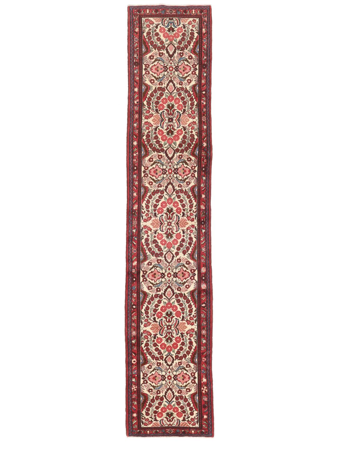 Tapis couloir Mehraban noué à la main en rouge avec des motifs floraux traditionnels