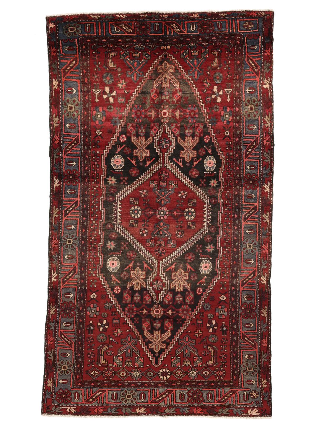 Handgeknoopt Zanjan-tapijt uit het Midden-Oosten in donkerrood met geometrische patronen