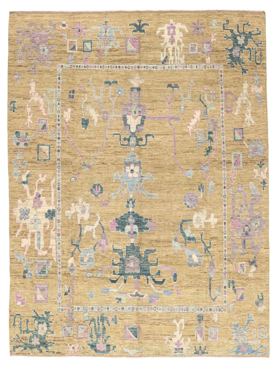 Alfombra afgana anudada a mano con motivos artísticos en beige y multicolor