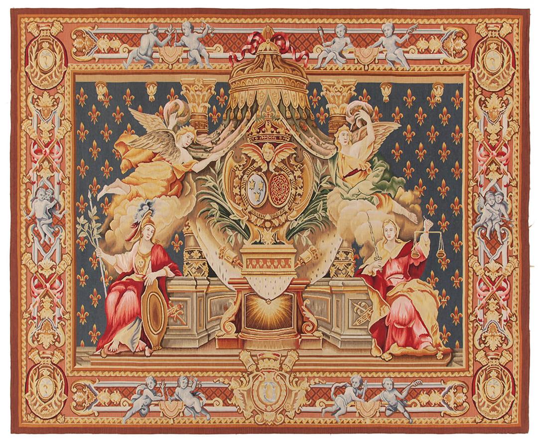 Et rektangulært Aubusson-gobelintæppe fra Kina med allegoriske figurer i blåt og terracotta