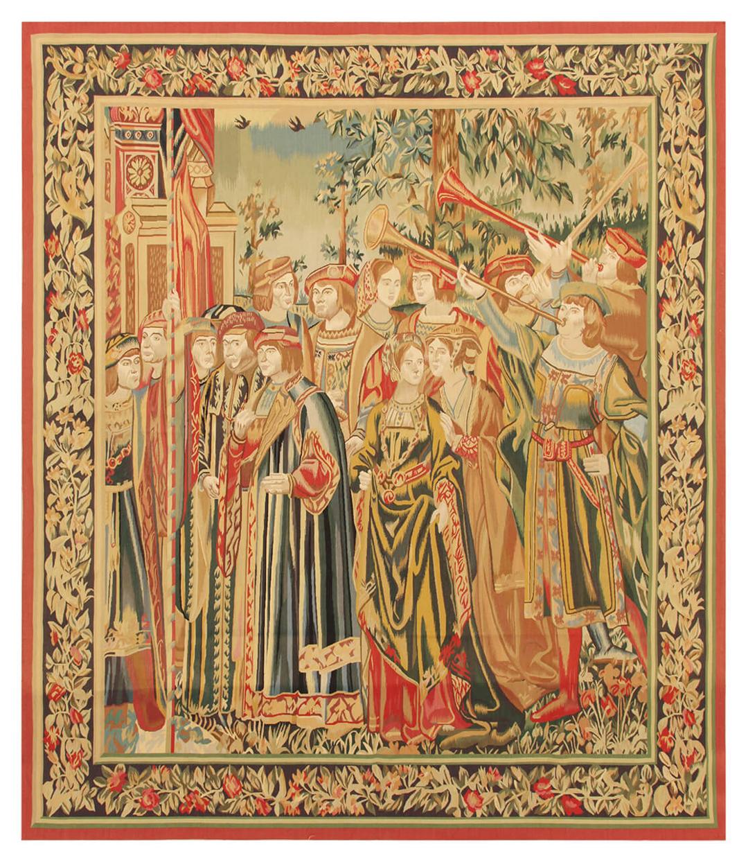 Un tapis kilim rectangulaire tissé à la main originaire de Chine, présentant une scène historique détaillée avec des personnages et une bordure florale dans des tons multicolores.