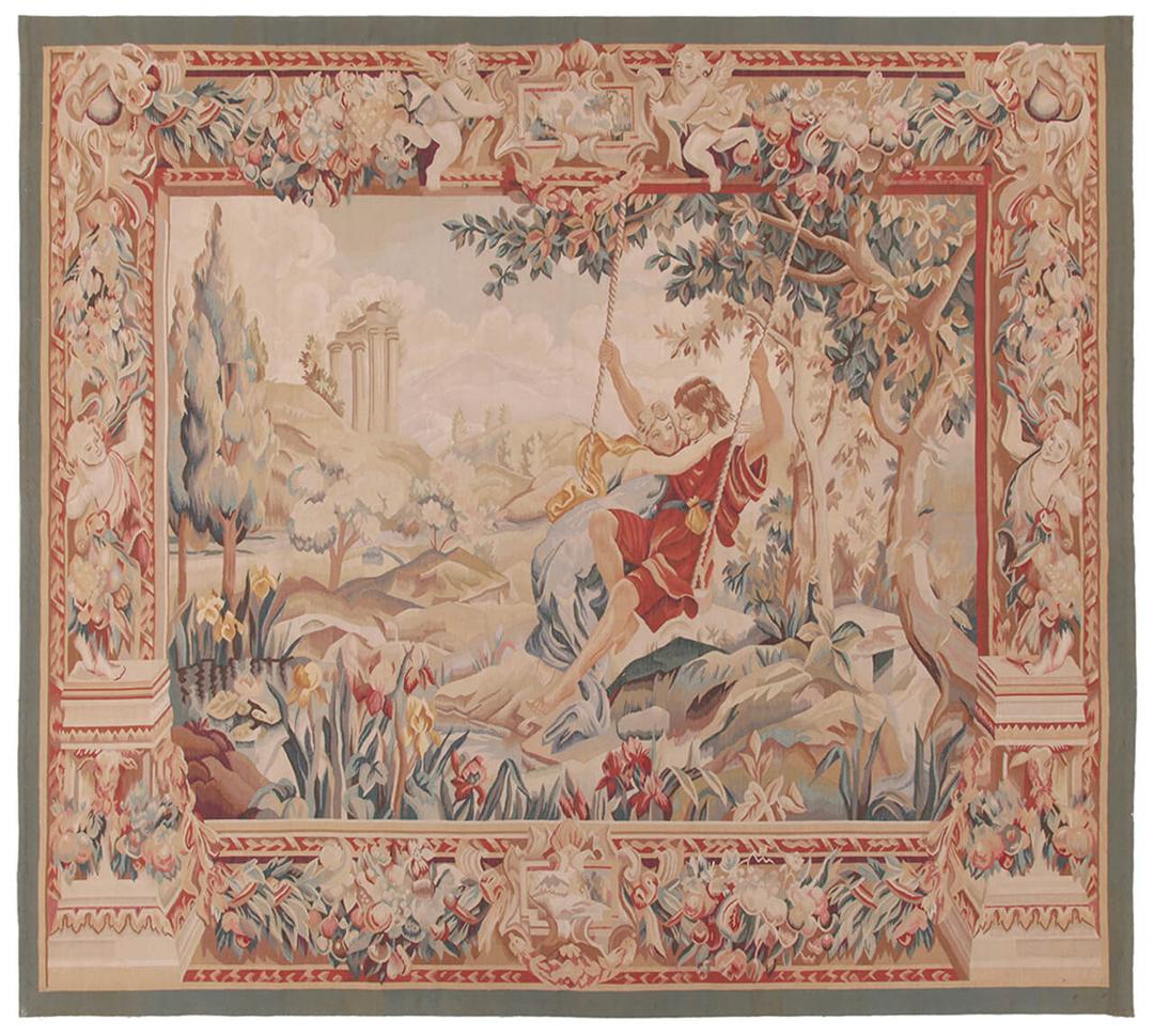 Handgeweven tapijt in Aubusson-stijl met een romantisch landschapsscenario in multicolor