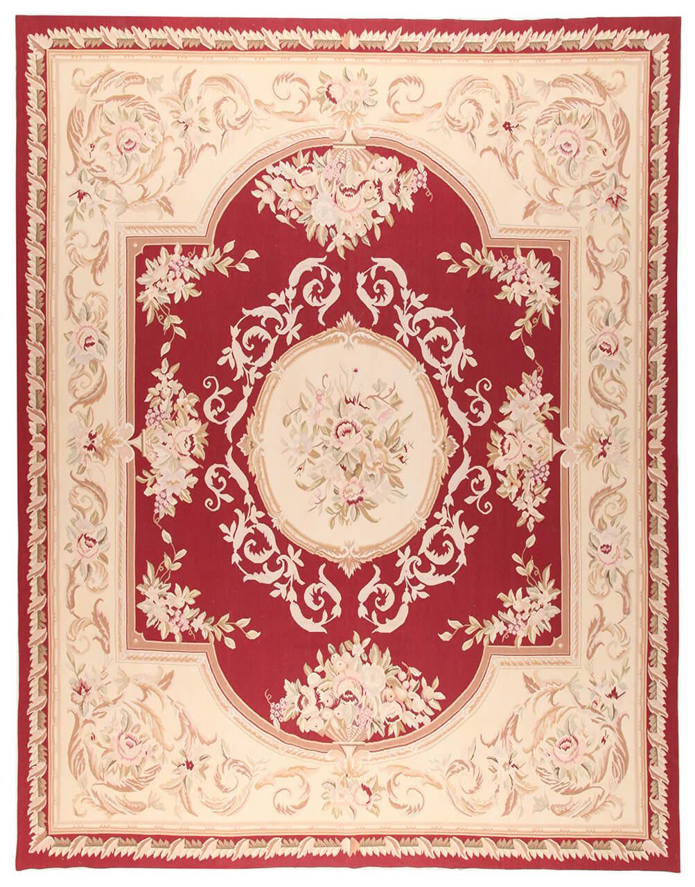 Hand-woven Aubusson-style kilim rug from China with a red and beige floral medallion design