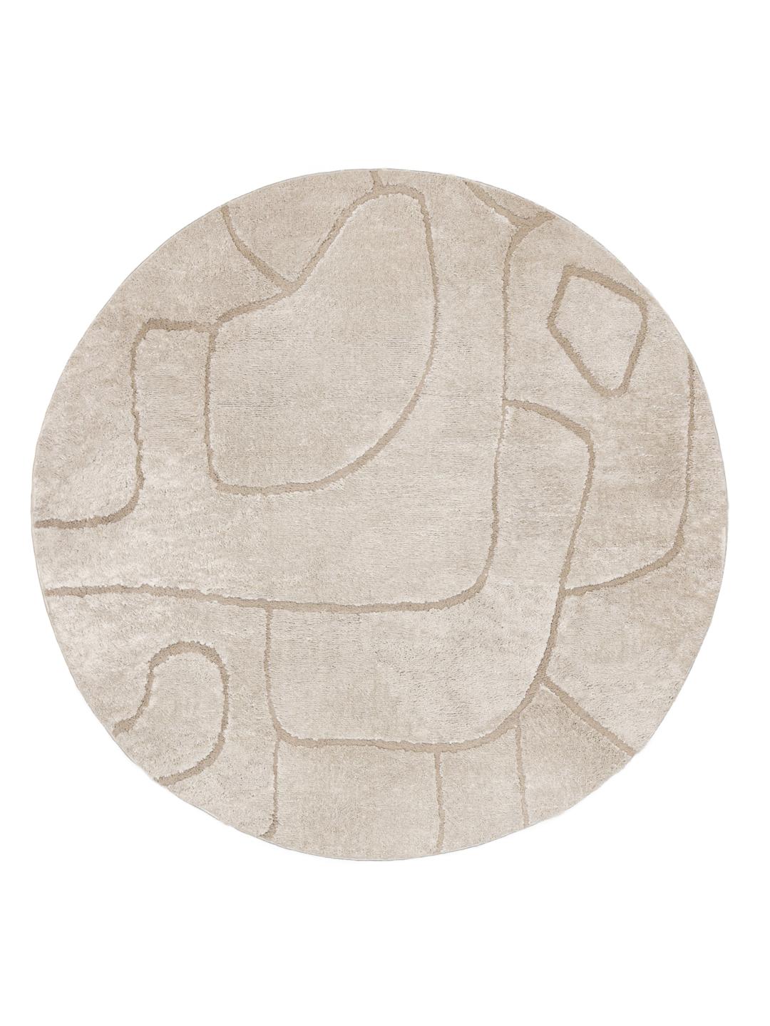 Rundt beige tæppe med et abstrakt high-low-luvmønster