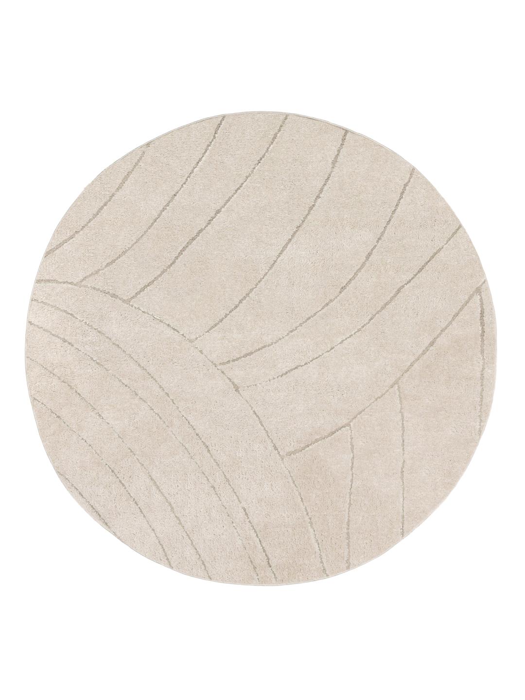 Rond beige tapijt met een textuur van hoge en lage polen