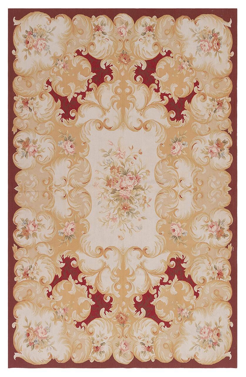 Håndvævet kelimtæppe fra Kina med blomstermotiver i rød og beige