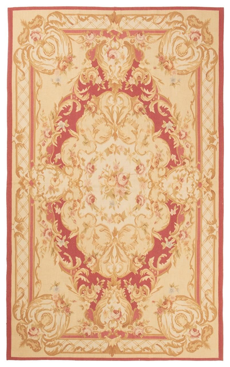 Håndvævet tæppe i Aubusson-stil med blomstermotiv i rød og beige fra Kina