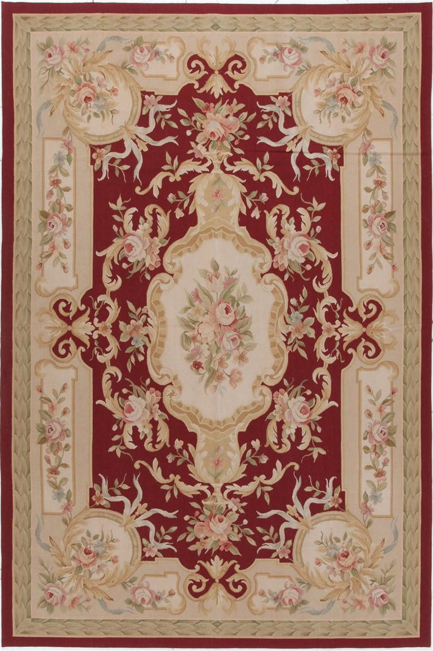Håndvævet tæppe i Aubusson-stil med blomstermønstre i rød og creme fra Kina