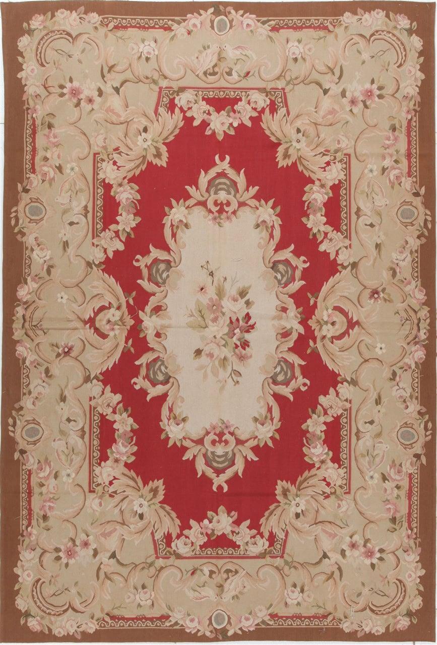Håndvævet Aubusson-stil kelim-tæppe fra Kina i røde og beige nuancer