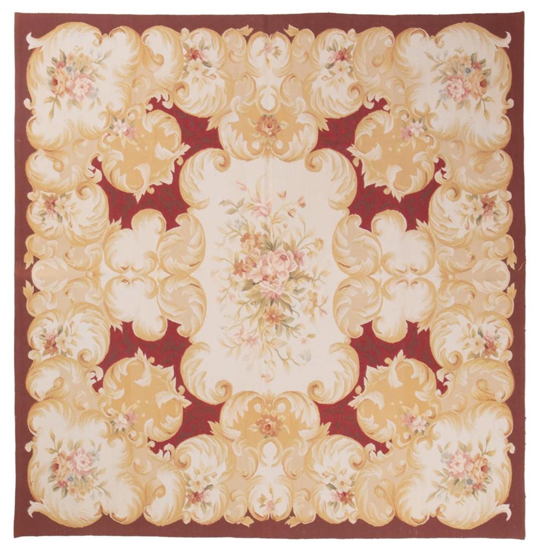 Håndvævet blomstret tæppe i Aubusson-stil fra Kina i røde og beige toner