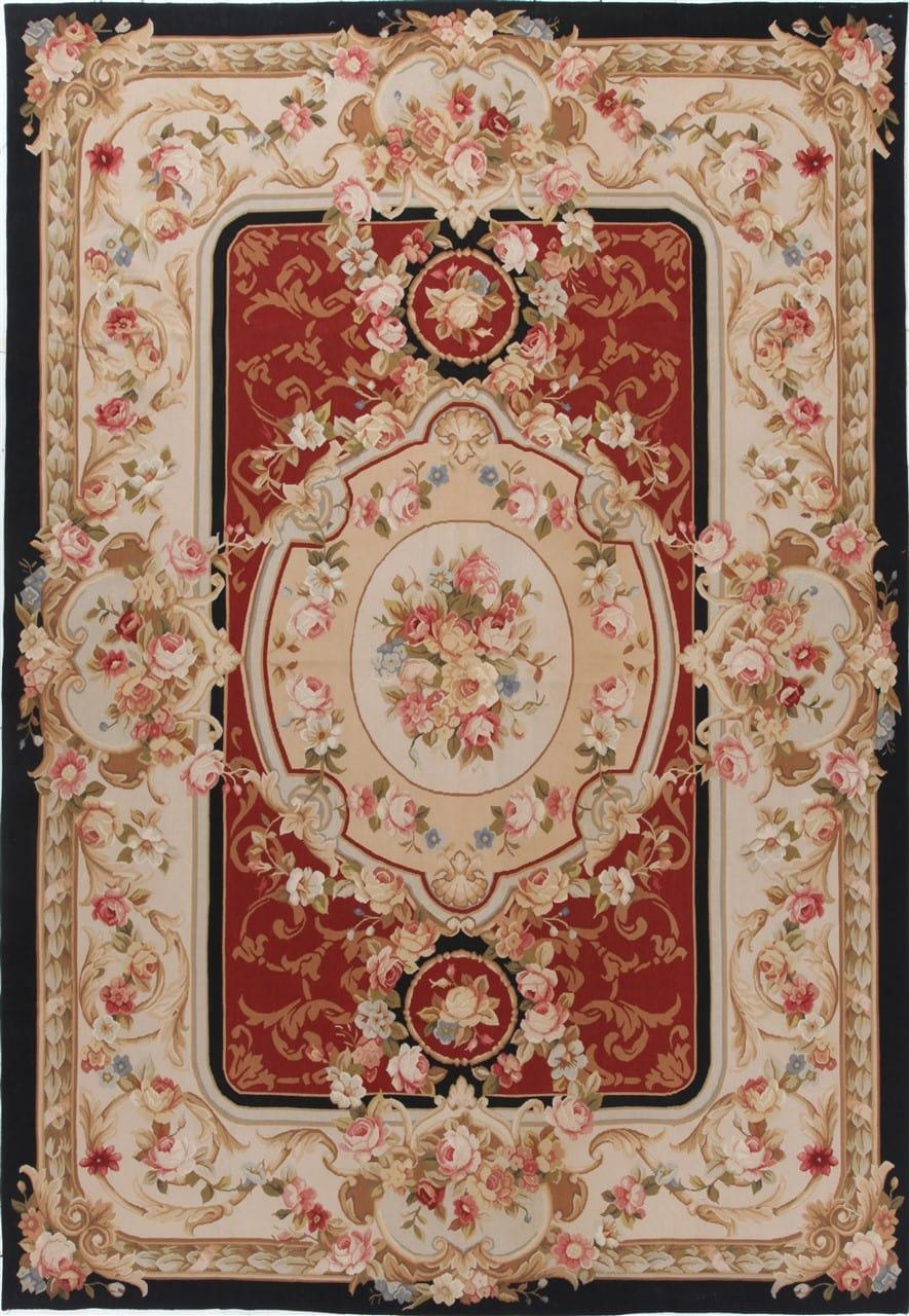Håndvævet blomstret tæppe i Aubusson-stil i rød og beige fra Kina