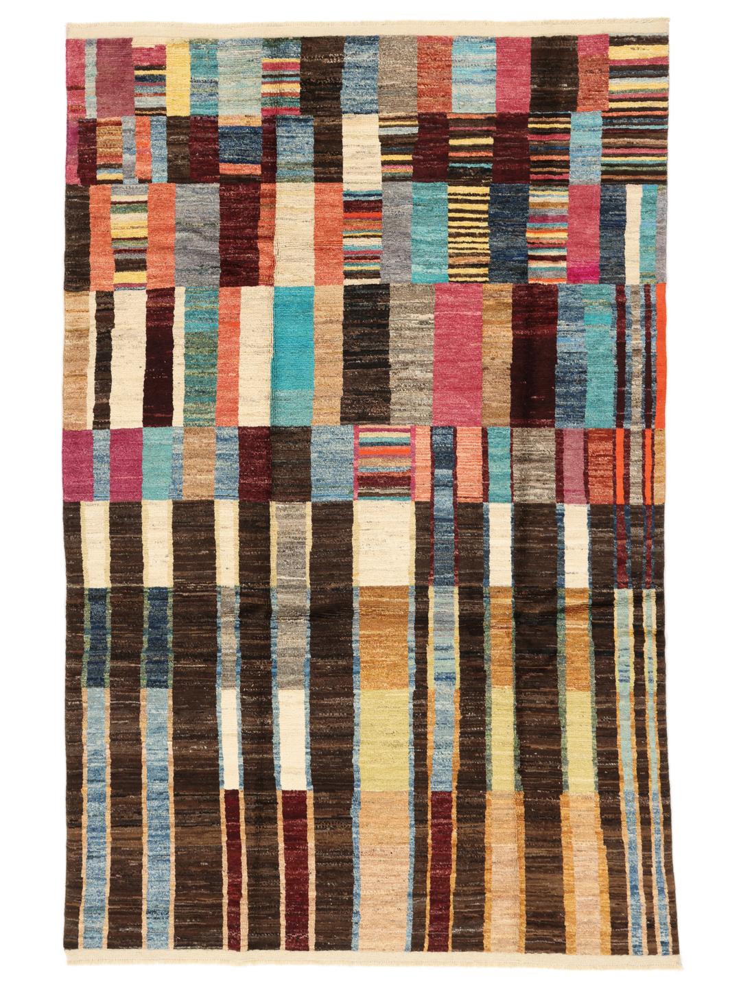 A vibrant, multicoloured, hand-knotted Afghan rug featuring a geometric block pattern.