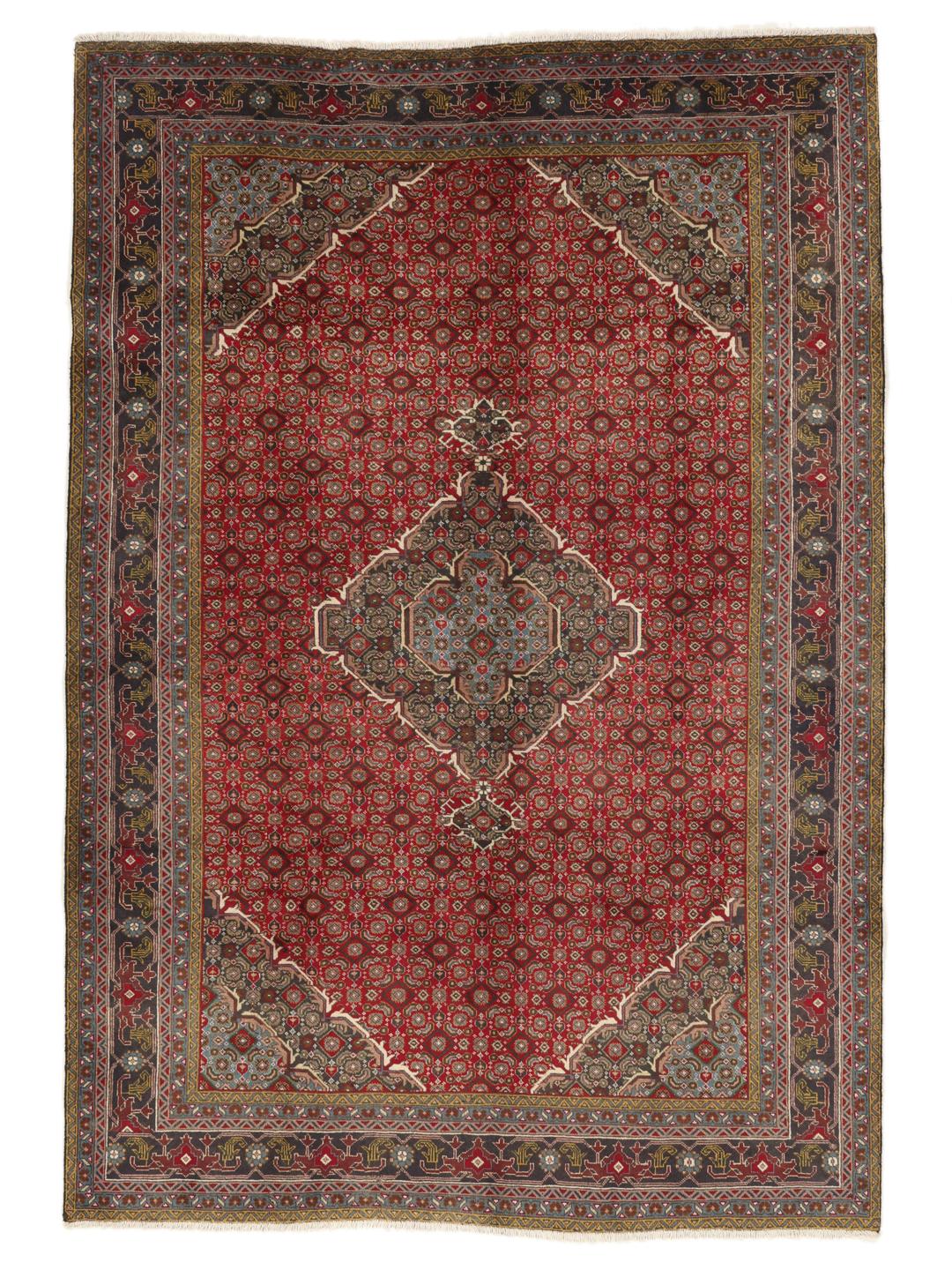 Hand-knotted Tabriz rug from the Middle East in deep red and blue tones