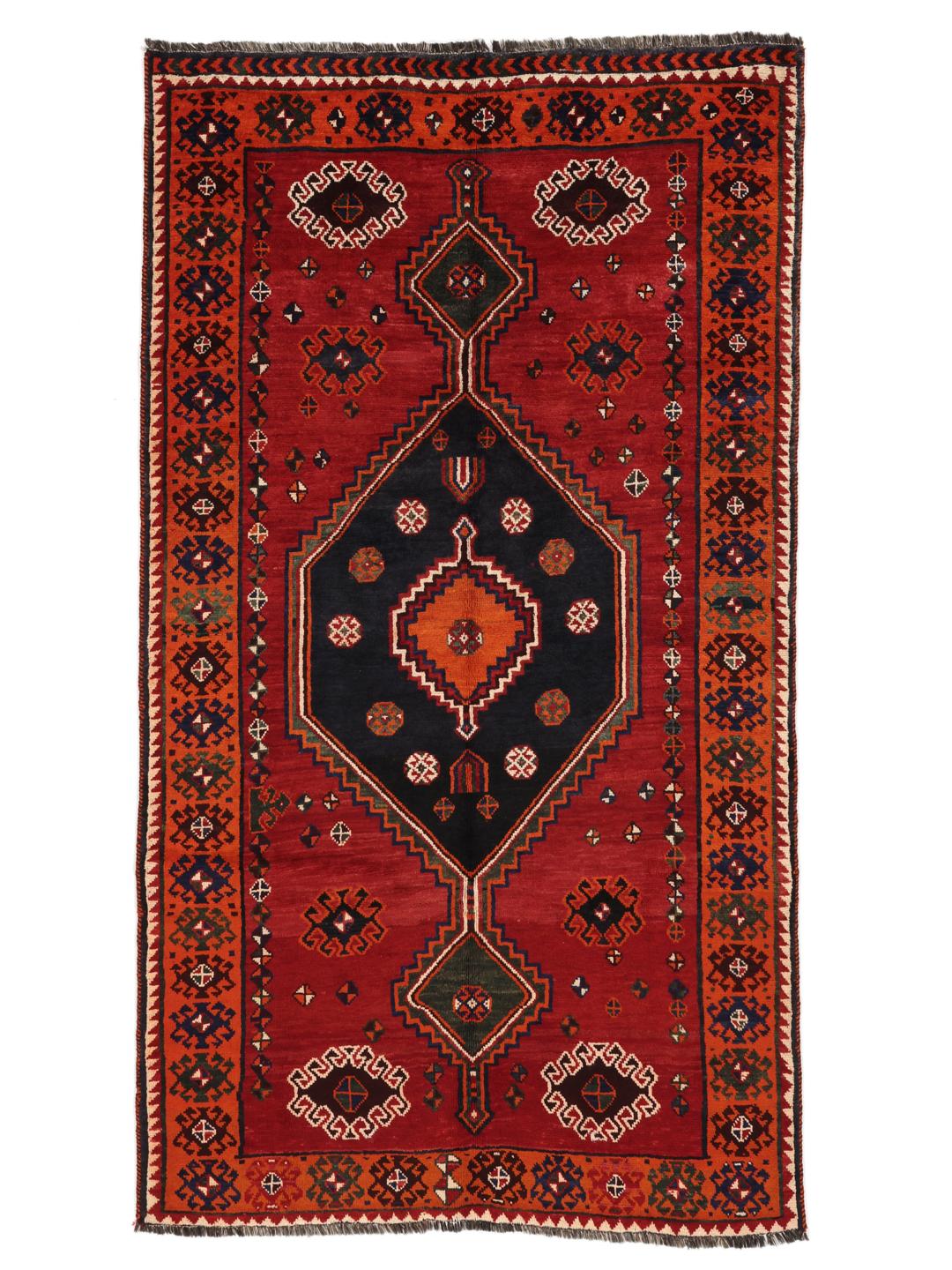Handgemaakt Shiraz-tapijt uit het Midden-Oosten in donkerrood met tribale geometrische patronen