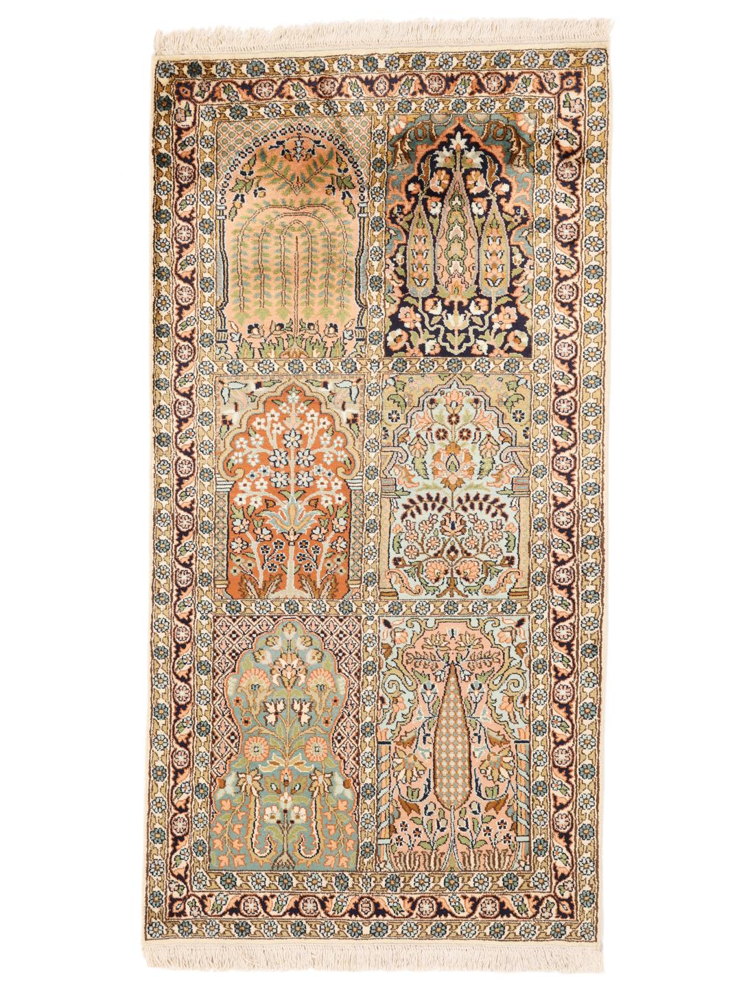 Handgeknoopt Kashmir zijden tapijt uit India in multicolor