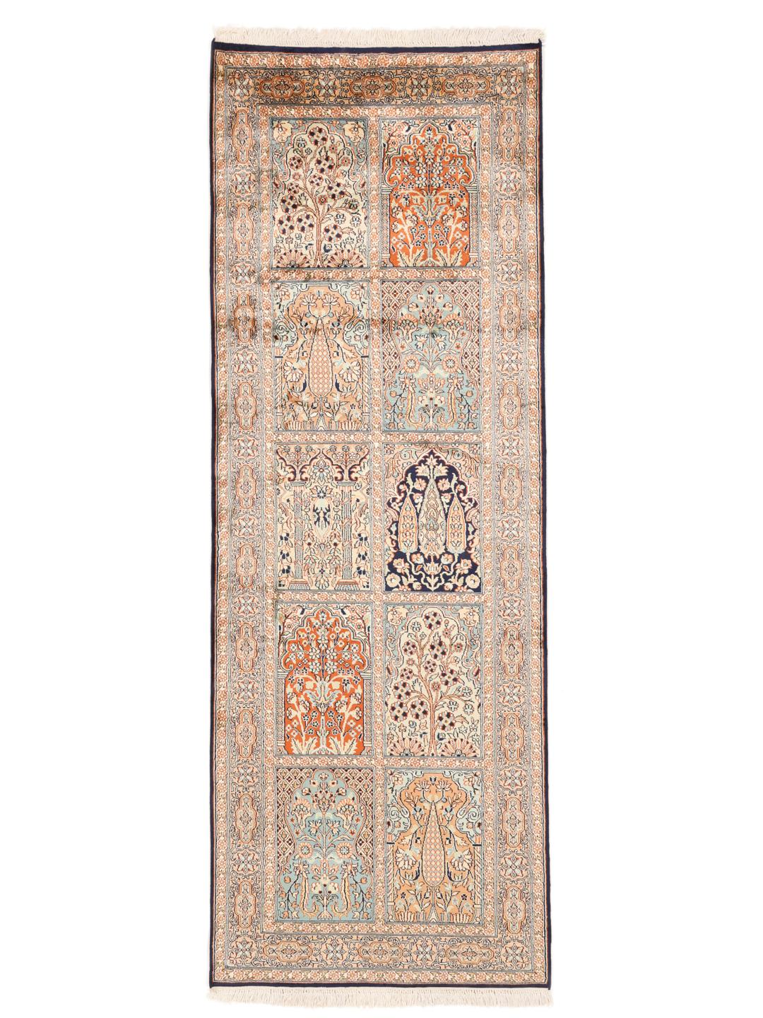 Håndknyttet Kashmir silkeløber med beige og flerfarvet paneldesign