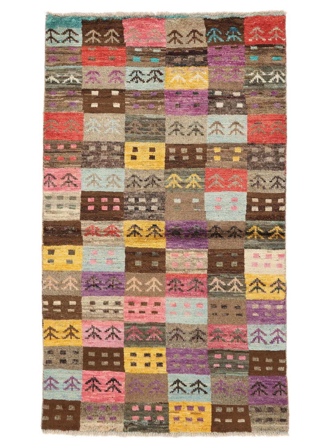Handgeknoopt Afghaans Berber-tapijt met een kleurrijk patchworkontwerp en geometrische motieven