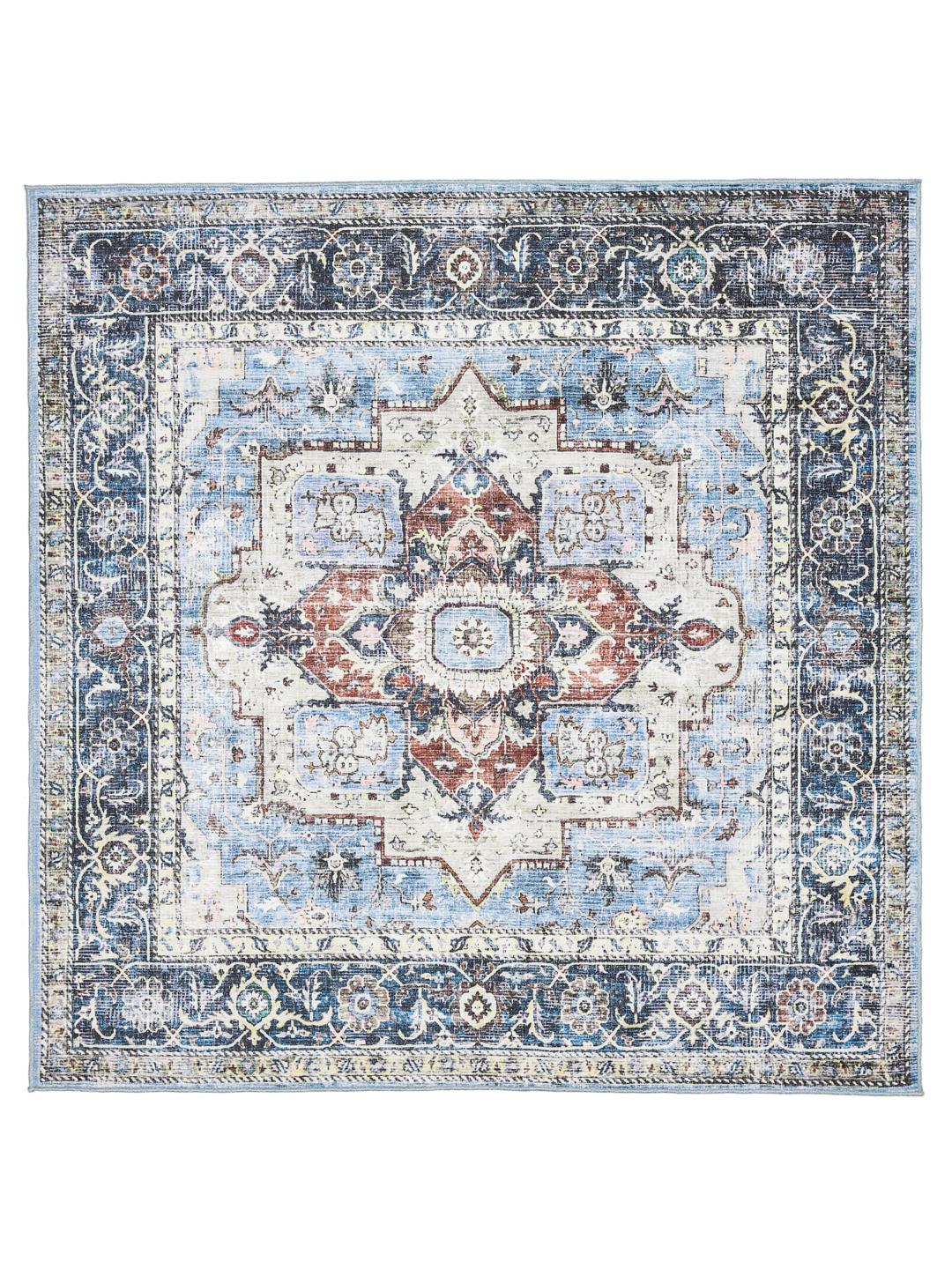 vierkant blauw tapijt met traditioneel medaillonpatroon