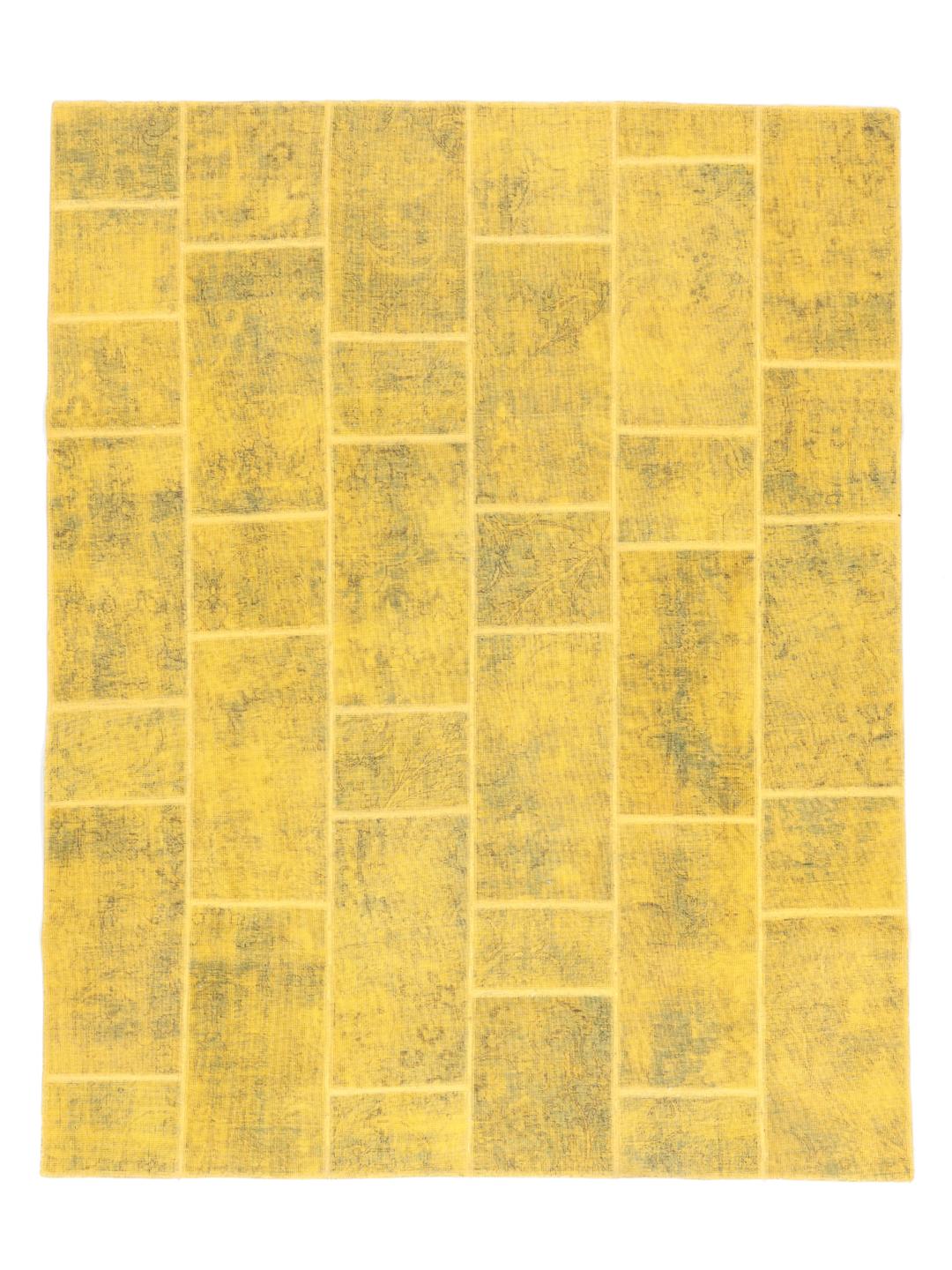 Hand-knotted patchwork rug from the Middle East in vibrant yellow