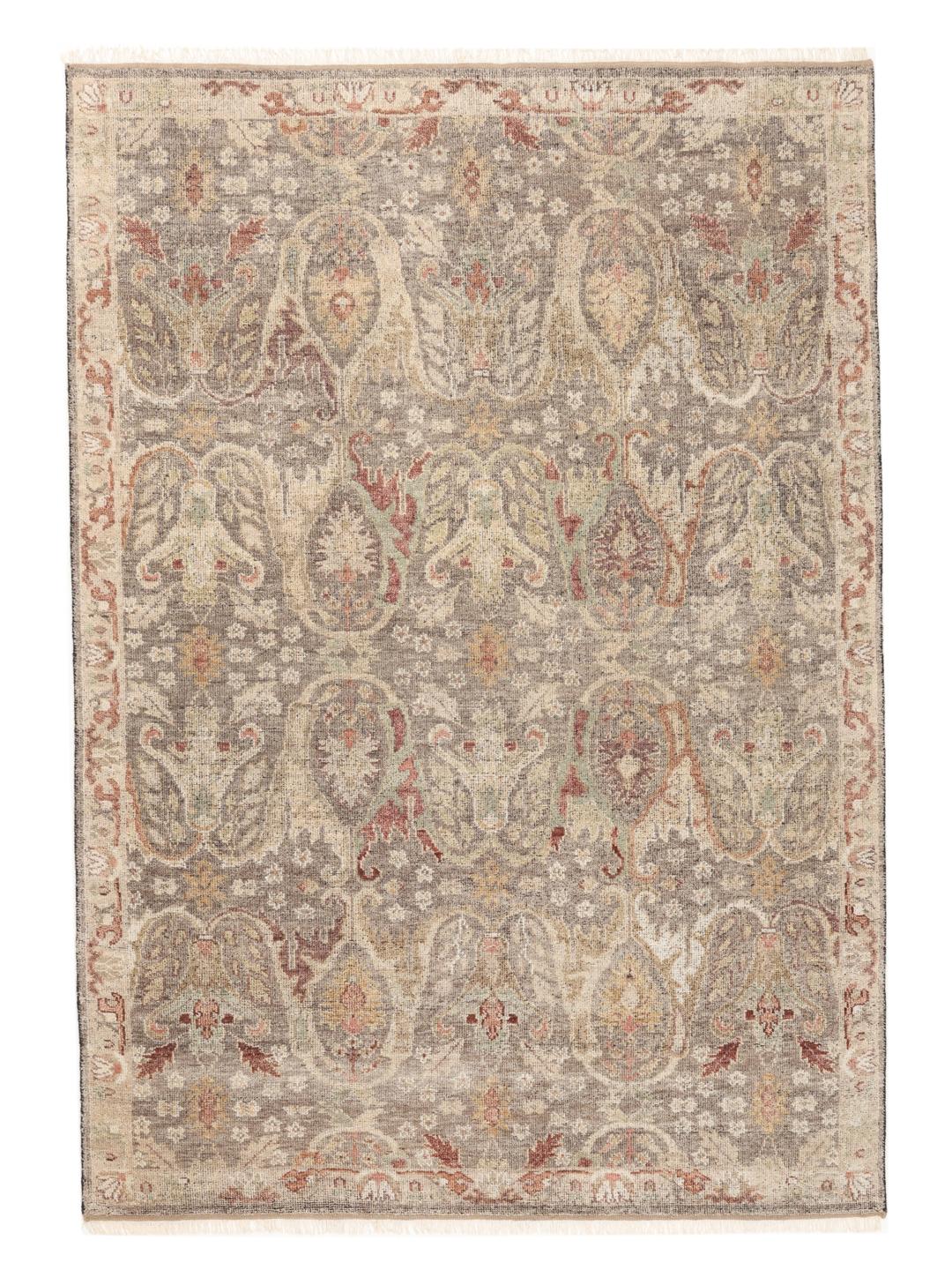 Alfombra artesanal Usak Indo de la India en tonos beige y multicolor