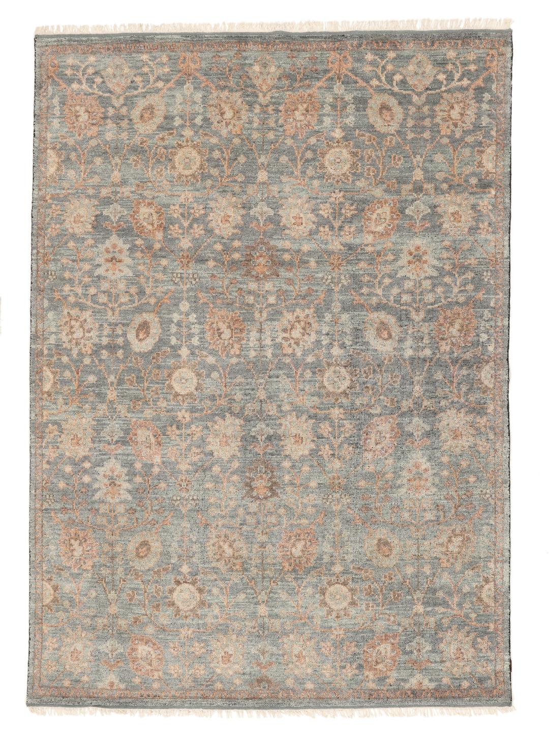Handgeknoopt Usak Indo-tapijt uit India met bloemmotieven in blauw en beige