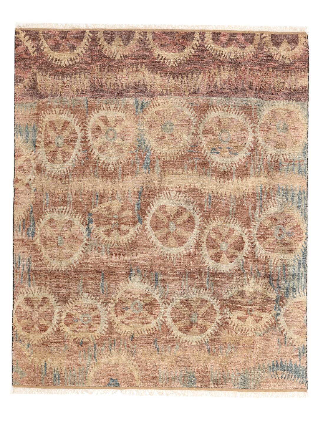 Handgeknoopt Indiaas Usak tapijt met cirkelvormige motieven in bruin en blauw