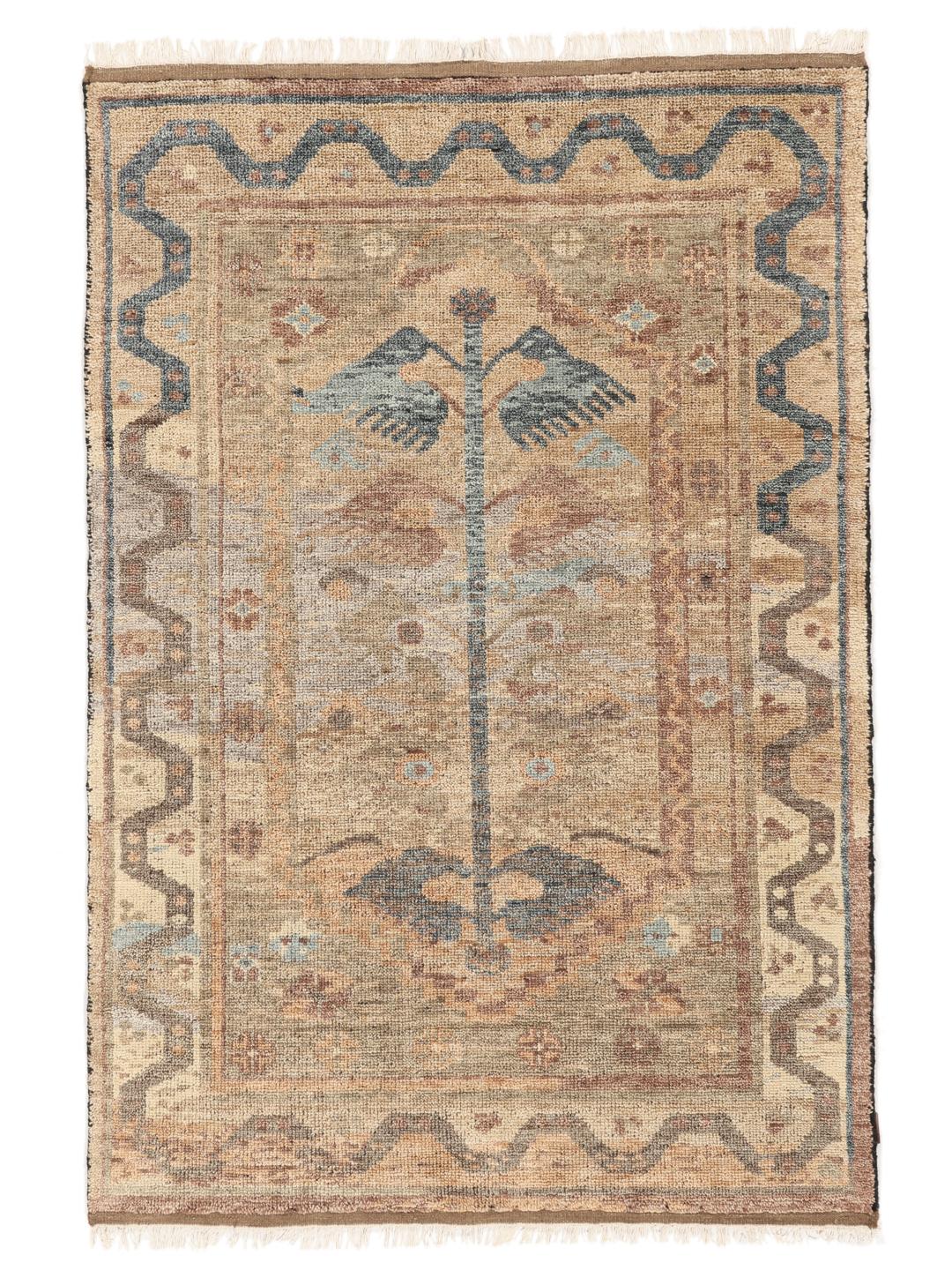 Handgeknoopt Indiaas tapijt met vogelmotief in beige en blauwe tinten